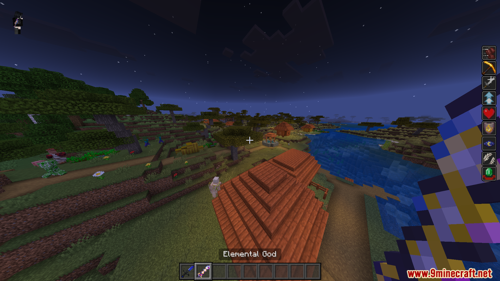 NasaRemixs Elemental Swords Addon Screenshot 2 Player holding the Elemental God sword in a savanna village at night