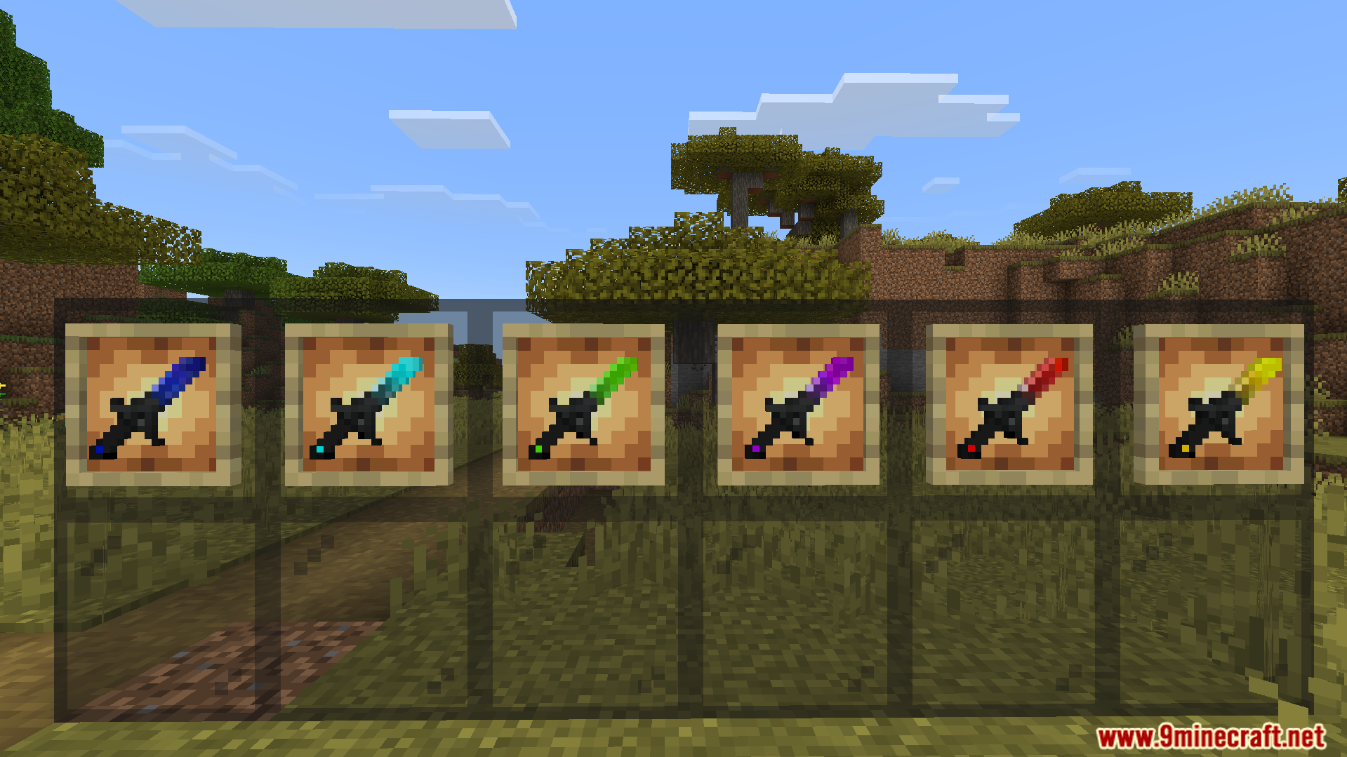 NasaRemixs Elemental Swords Addon Screenshot 7 Six colorful elemental swords displayed in item frames on a glass wall