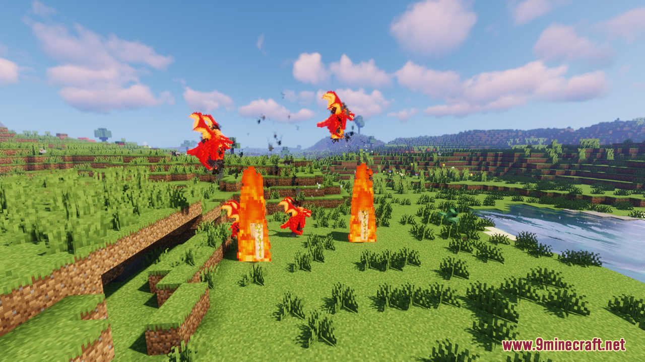Neko's Dragon Blazes Resource Pack Screenshot 1 Small red dragons flying and breathing fire pillars in a grassy field