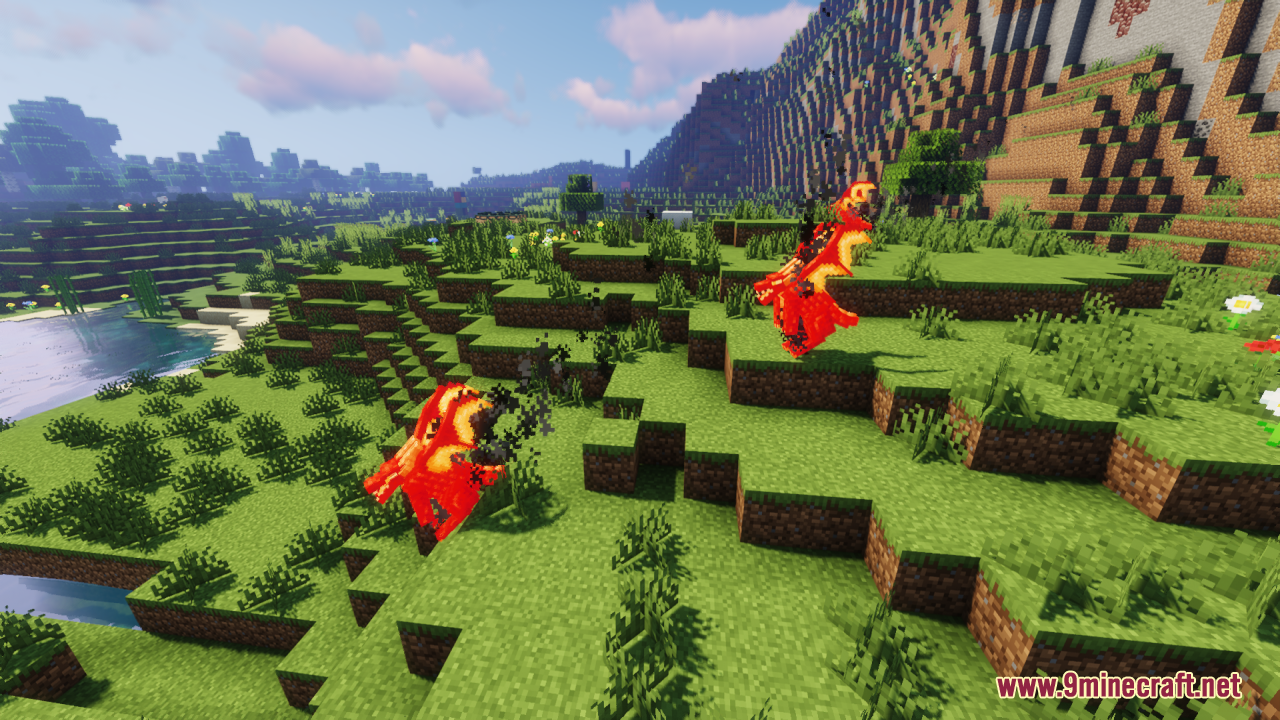 Neko's Dragon Blazes Resource Pack Screenshot 10 Two winged red dragons standing on a grassy hill near a river