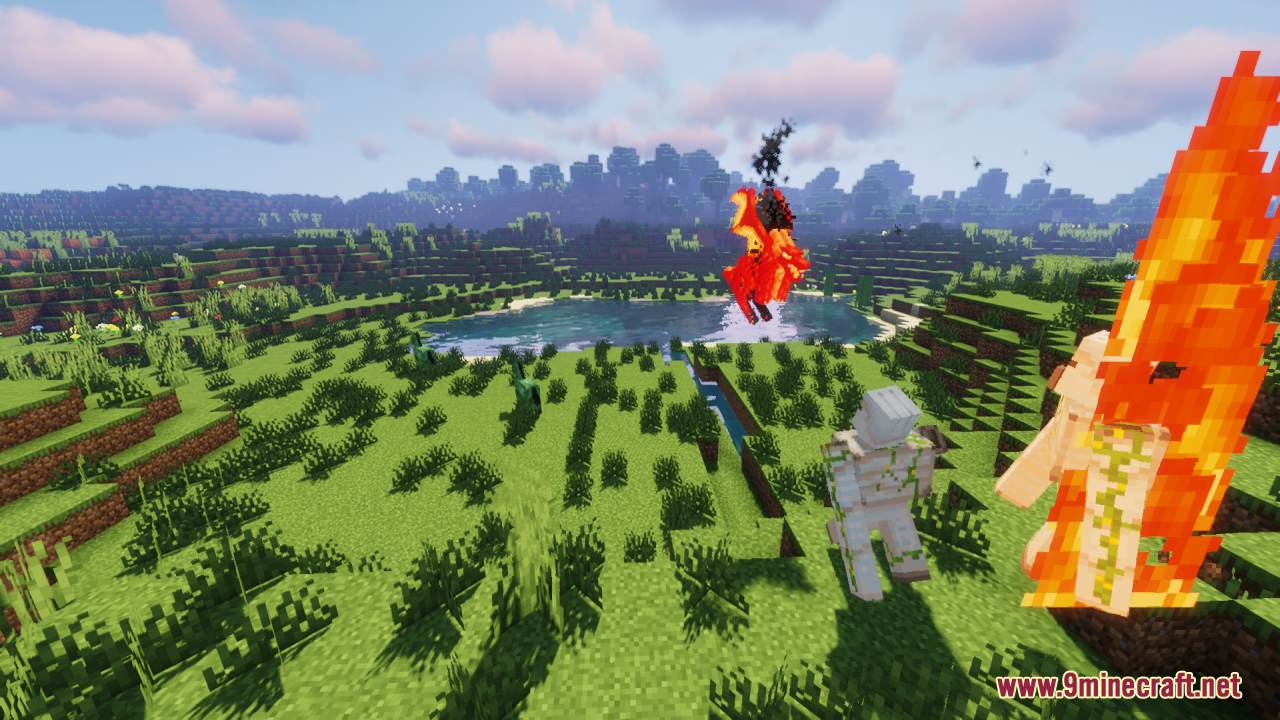 Neko's Dragon Blazes Resource Pack Screenshot 12 An Iron Golem watches a red dragon flying over a scenic landscape