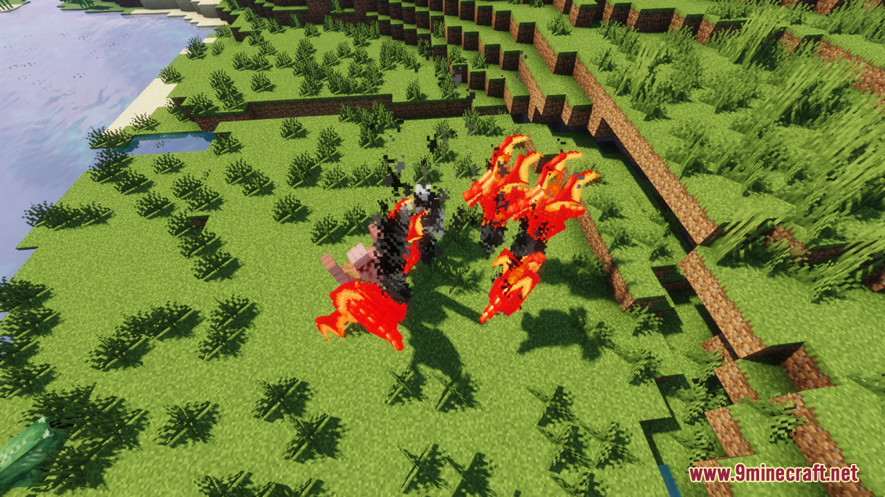 Neko's Dragon Blazes Resource Pack Screenshot 13 Red fire breathing dragons flying over a green grassy field in Minecraft