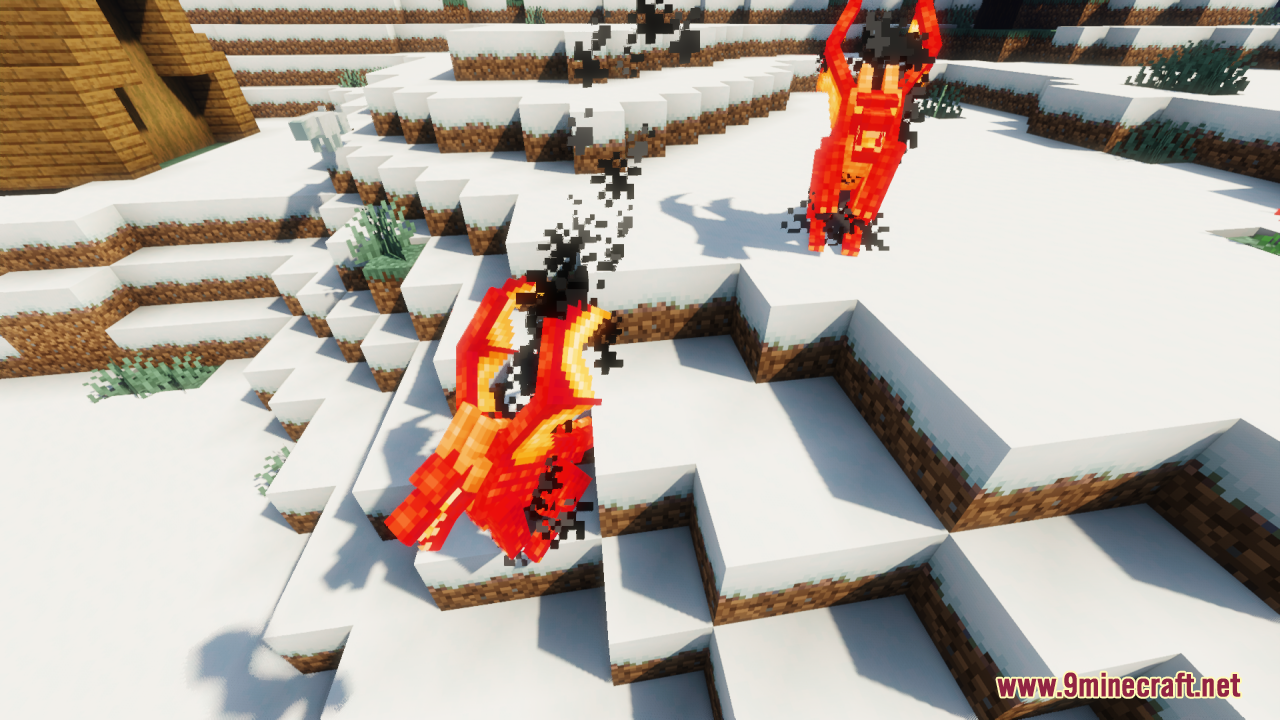 Neko's Dragon Blazes Resource Pack Screenshot 2 Two small red dragons emitting black smoke particles in a snowy biome