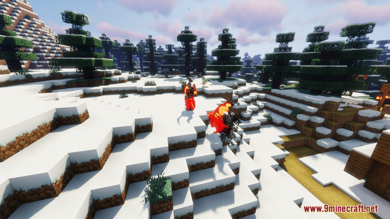 Neko's Dragon Blazes Resource Pack Screenshot 3 Two red dragon blazes flying over a snowy landscape with pine trees