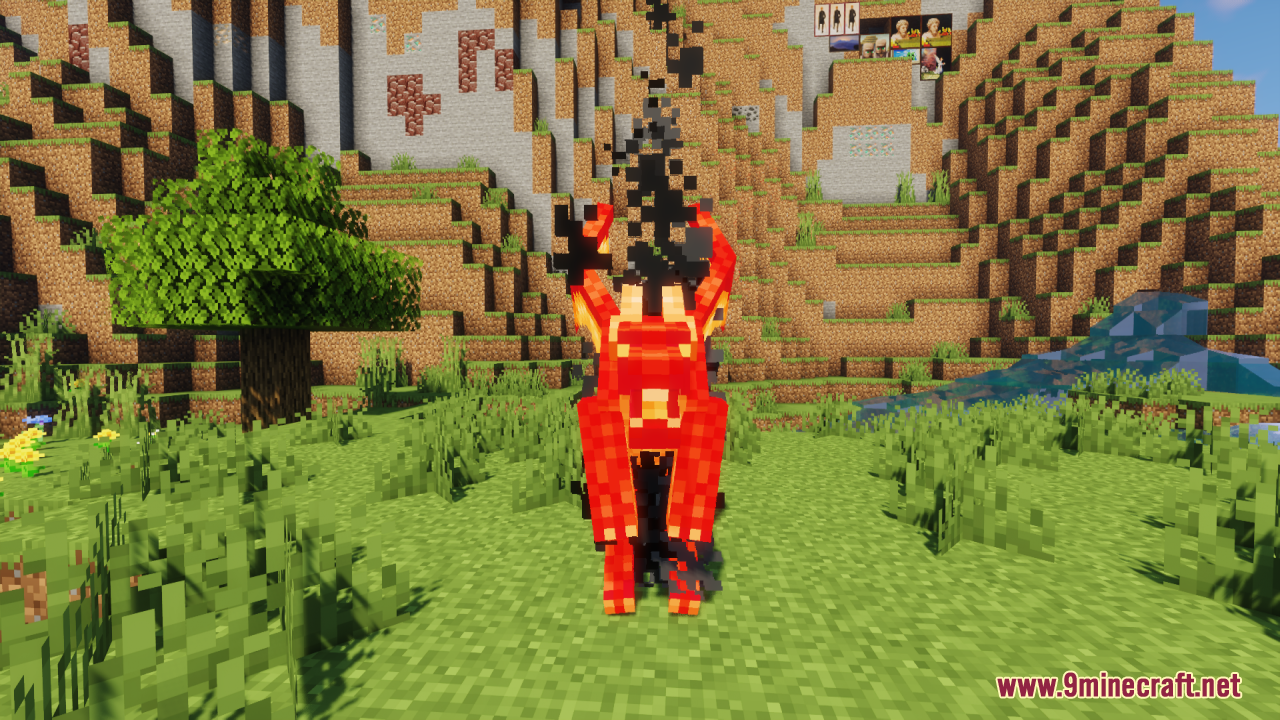 Neko's Dragon Blazes Resource Pack Screenshot 5 A red dragon like Blaze mob emitting black smoke in a field