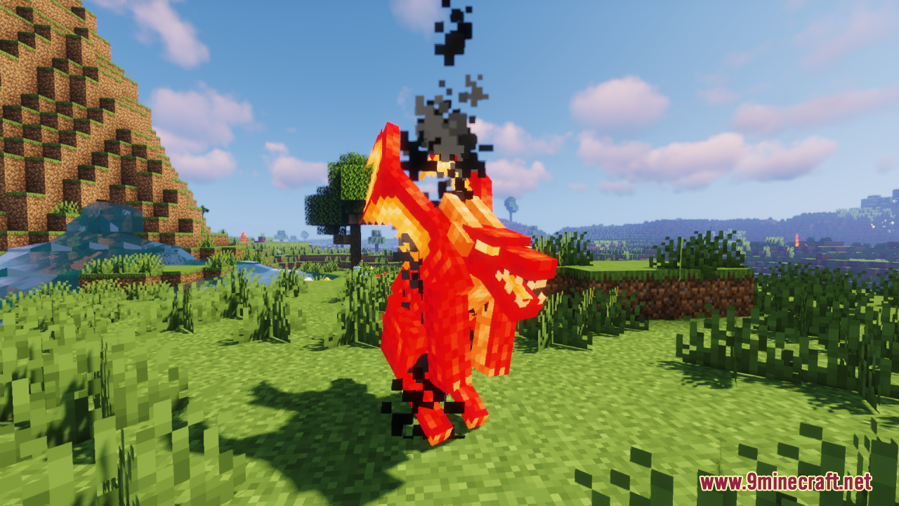 Neko's Dragon Blazes Resource Pack Screenshot 6 Side view of a red winged dragon creature standing on green grass