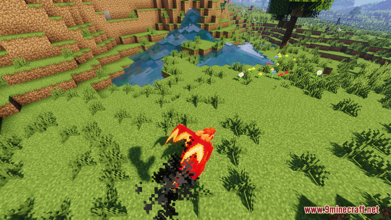 Neko's Dragon Blazes Resource Pack Screenshot 7 A red dragon flying over a grassy landscape near a small pond