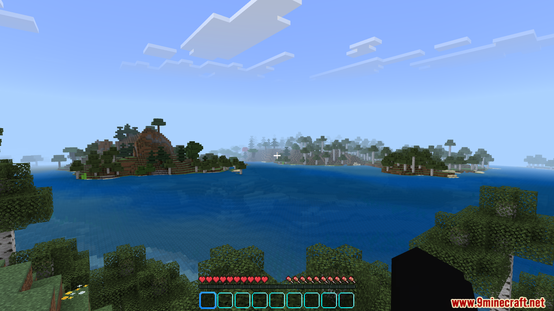 First person view of islands with a custom blue hotbar and HUD