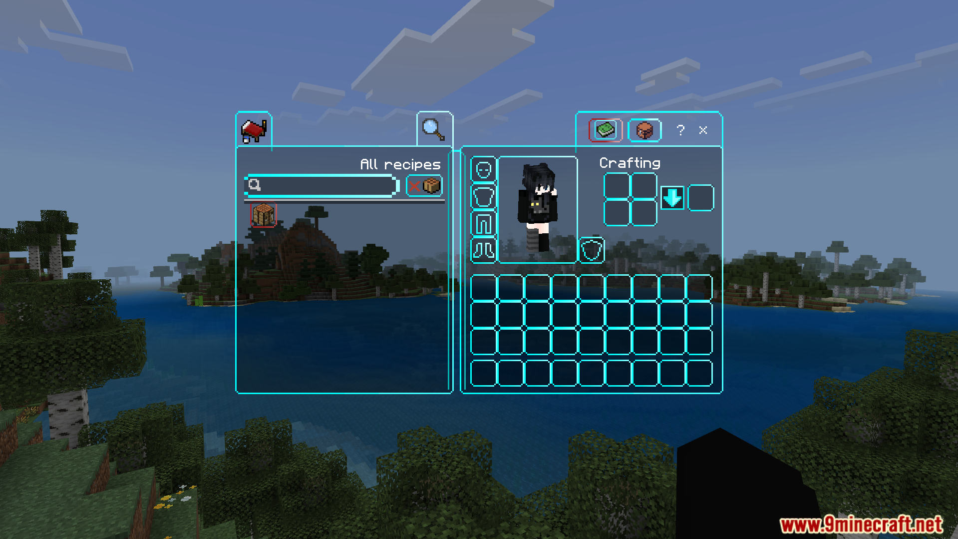 Modern transparent inventory screen with neon blue outlines in Neqs Clean UI