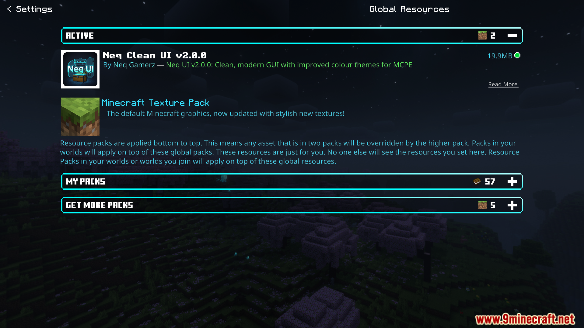 Minecraft global resources menu displaying the active Neq Clean UI texture pack