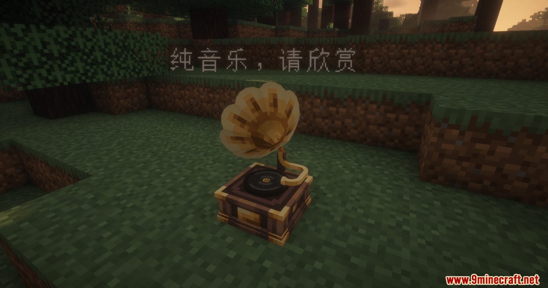 Net Music Play List Mod Screenshot 2 A portable gramophone music player placed on grass in a forest biome