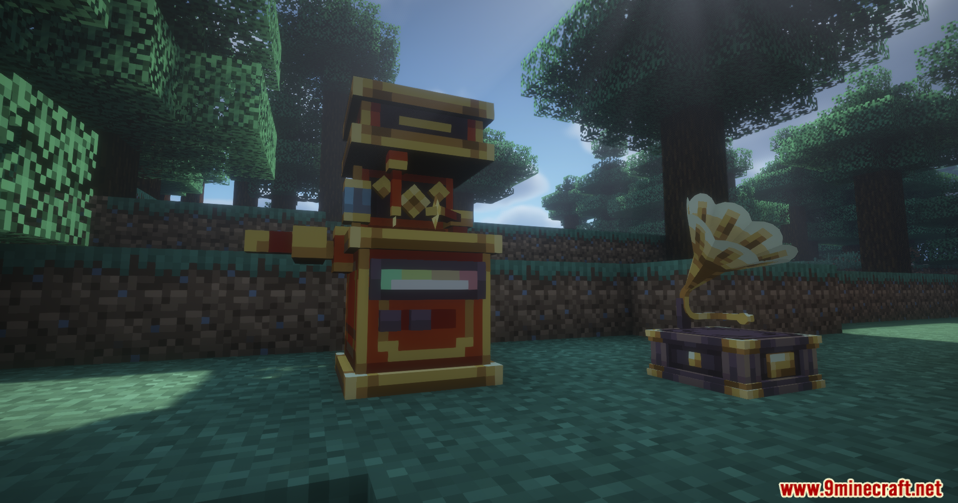 Net Music Play List Mod Screenshot 4 Two custom music player blocks placed in a dark oak forest biome