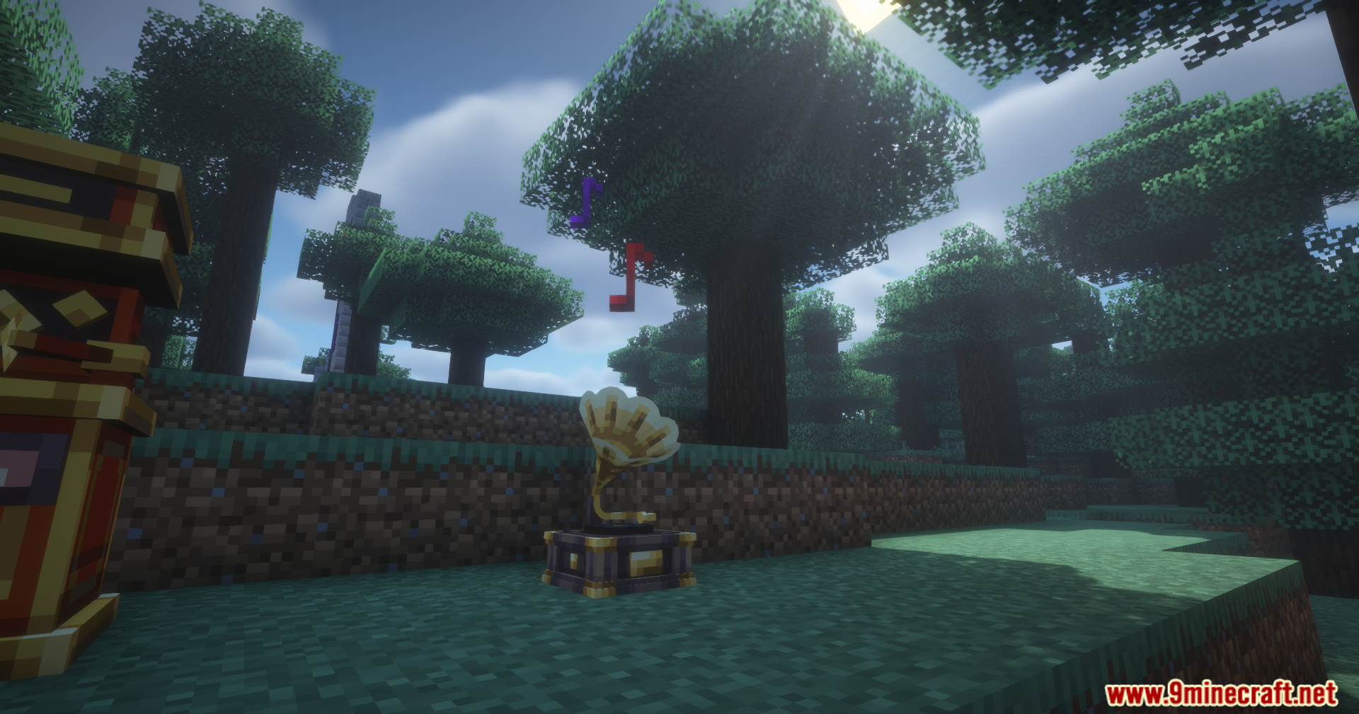Net Music Play List Mod Screenshot 7 A golden gramophone playing music in a forest with bright sun rays