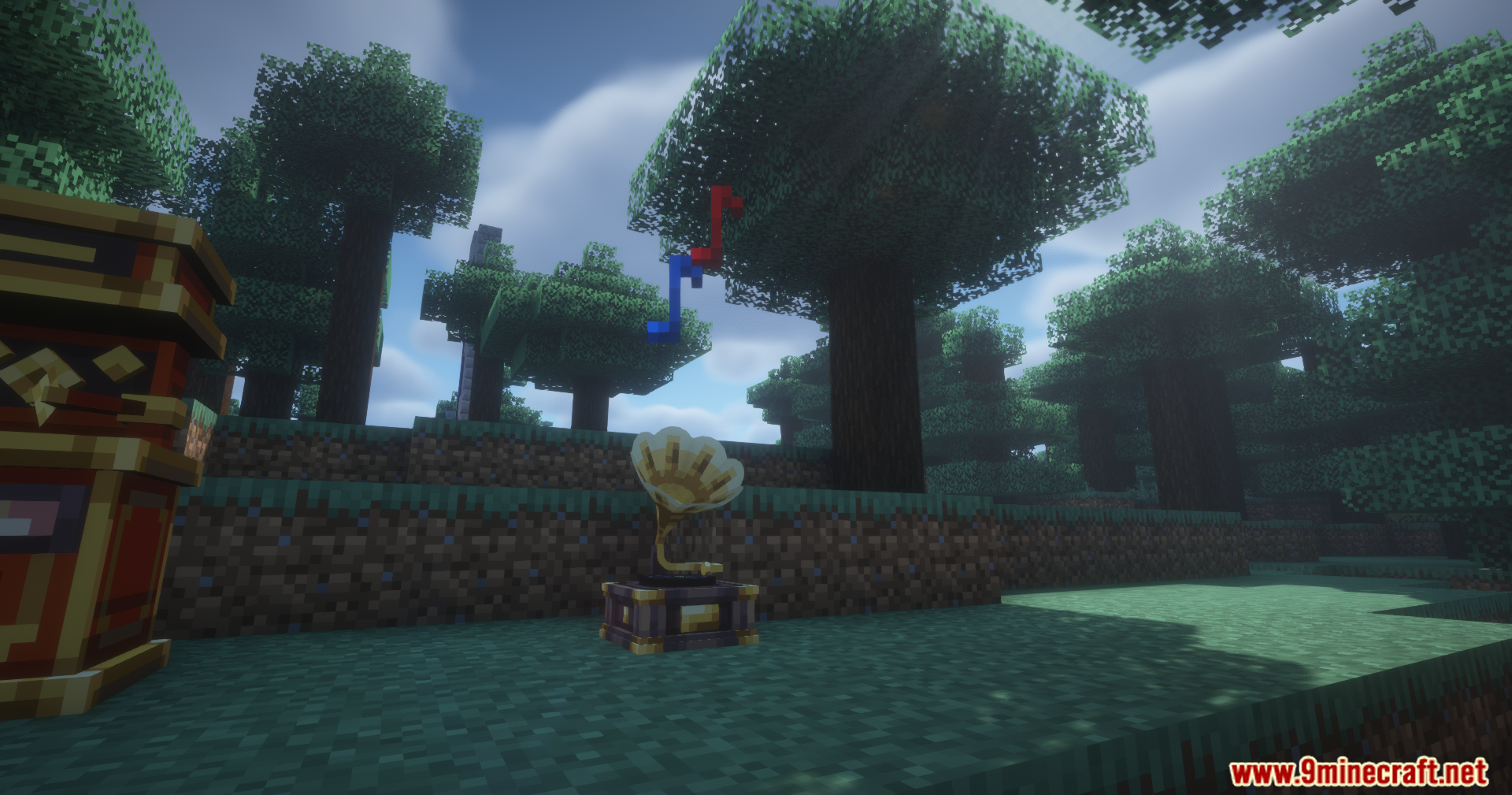 Net Music Play List Mod Screenshot 9 A gramophone jukebox playing music with floating notes in a forest
