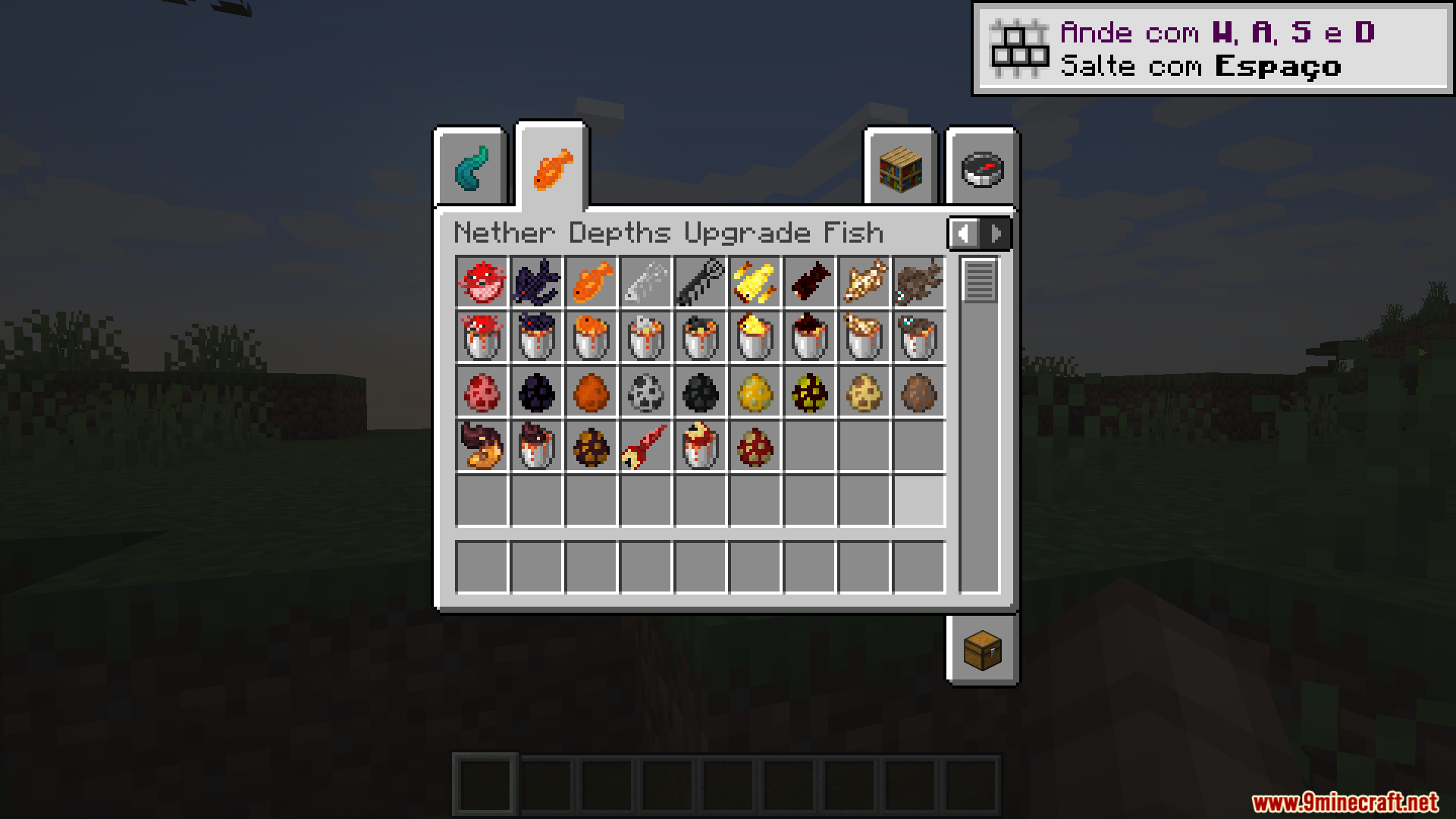 Nether Depths Upgrade PT BR Translation Resource Pack Screenshot 2 Creative inventory showing various fish and items with translated Portuguese text