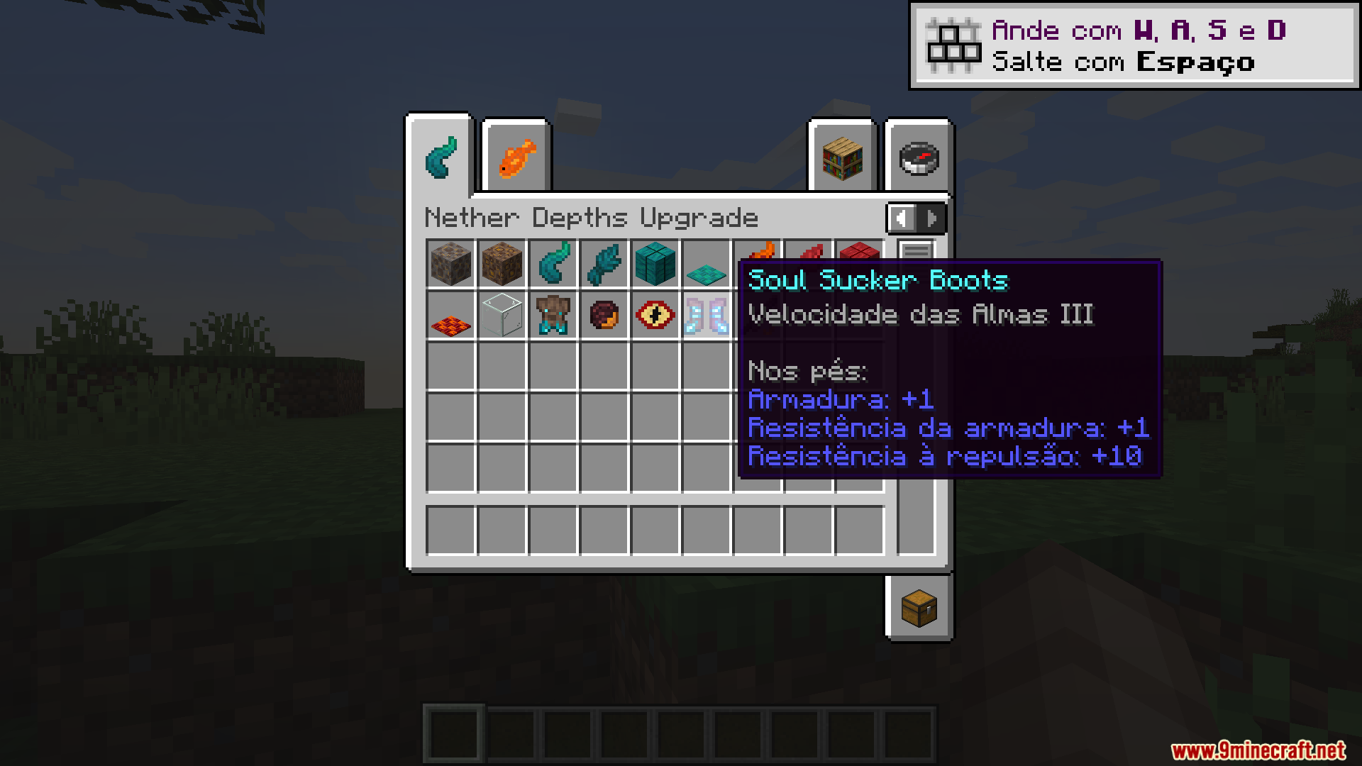Nether Depths Upgrade PT BR Translation Resource Pack Screenshot 3 Nether Depths Upgrade inventory screen showing items with Portuguese translation tooltips