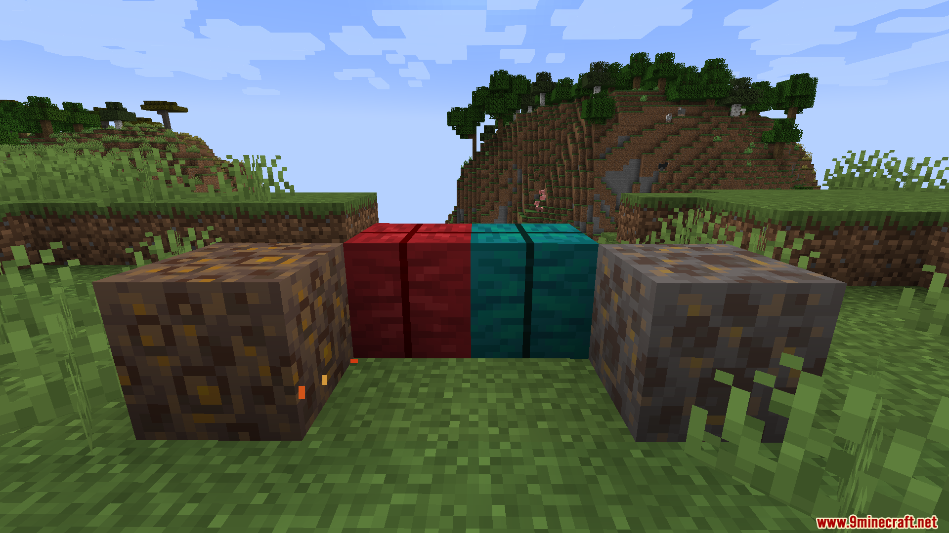 Nether Depths Upgrade PT BR Translation Resource Pack Screenshot 4 Various custom ore blocks and colored wood planks placed on grass