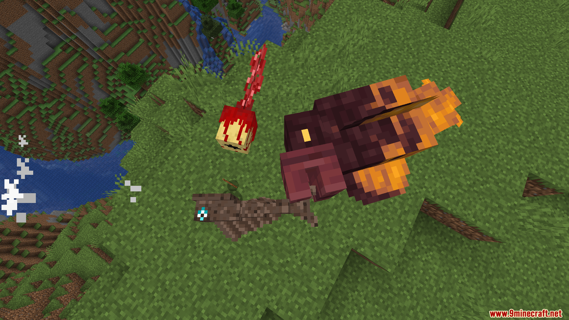 Nether Depths Upgrade PT BR Translation Resource Pack Screenshot 8 Overhead view of colorful Nether fish species on a grassy ledge