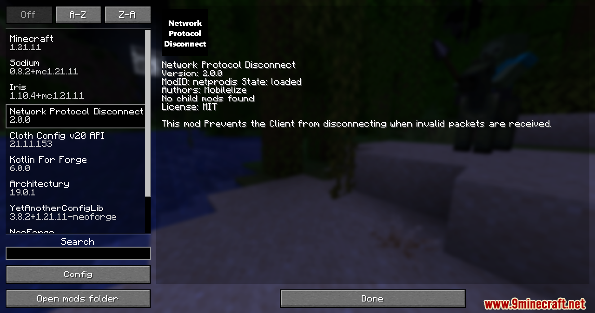 A Minecraft interface showing details for the Network Protocol Disconnect mod