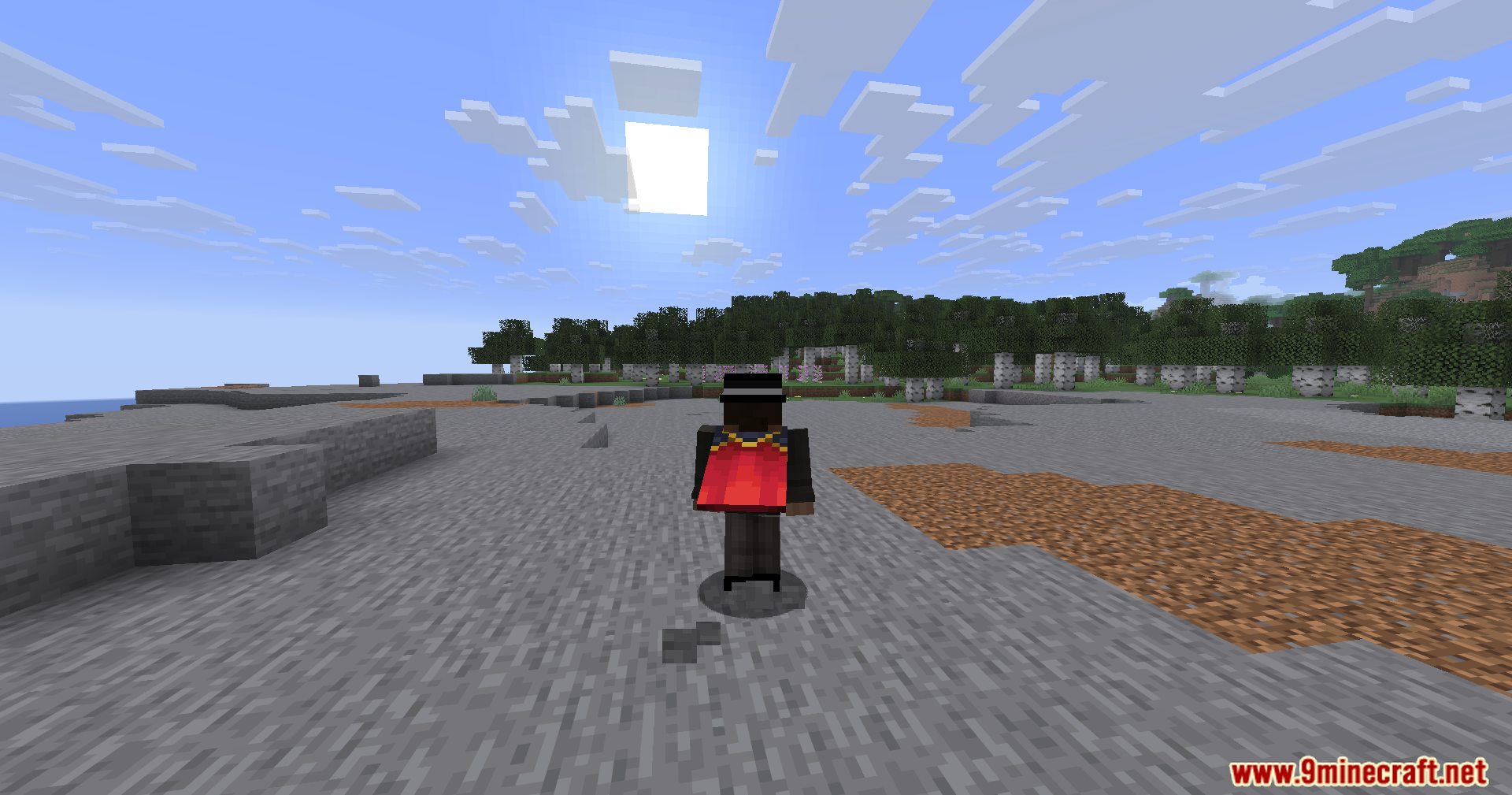 A player wearing a red cape and hat stands on a stony shore