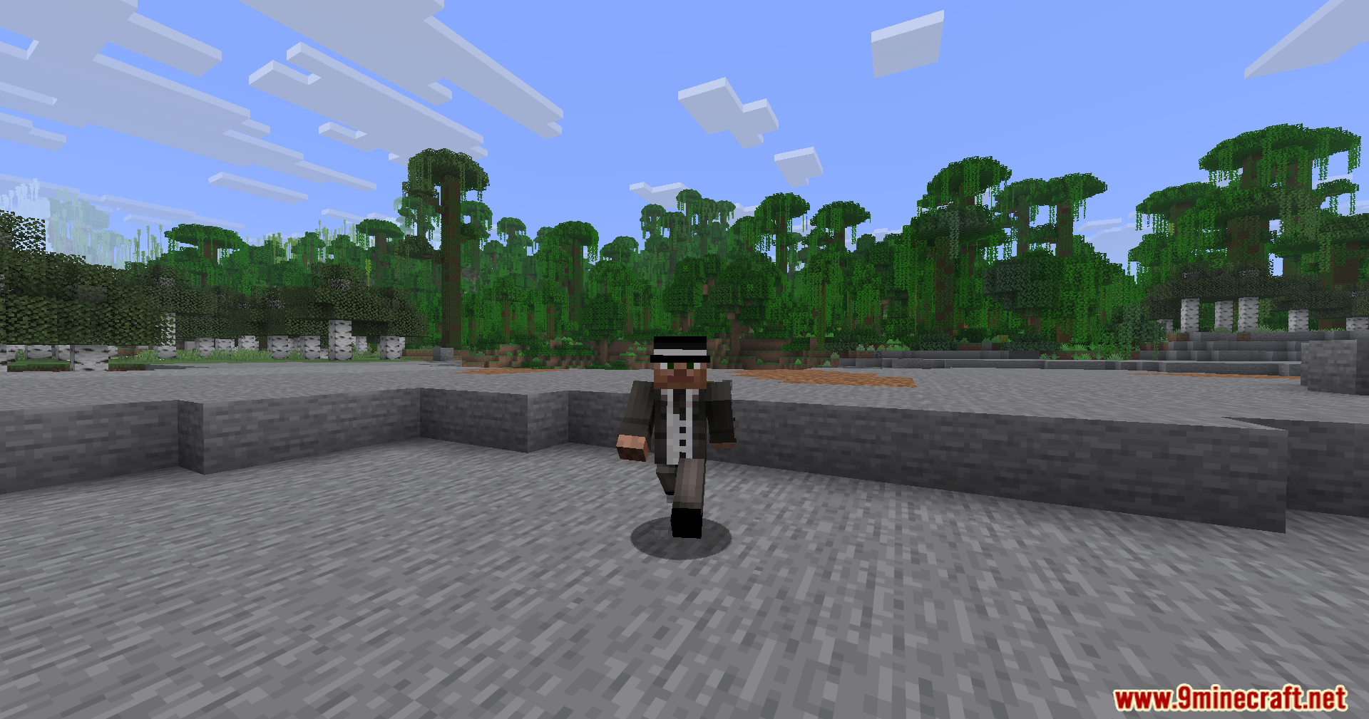 Minecraft character in a black suit and fedora walking on a stone platform