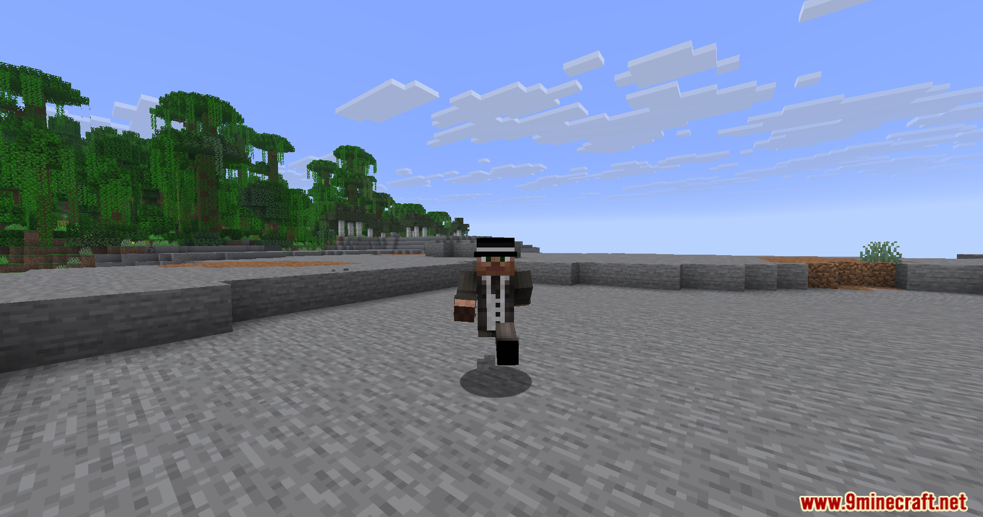 Minecraft character in a black suit and fedora sprinting on a stone platform
