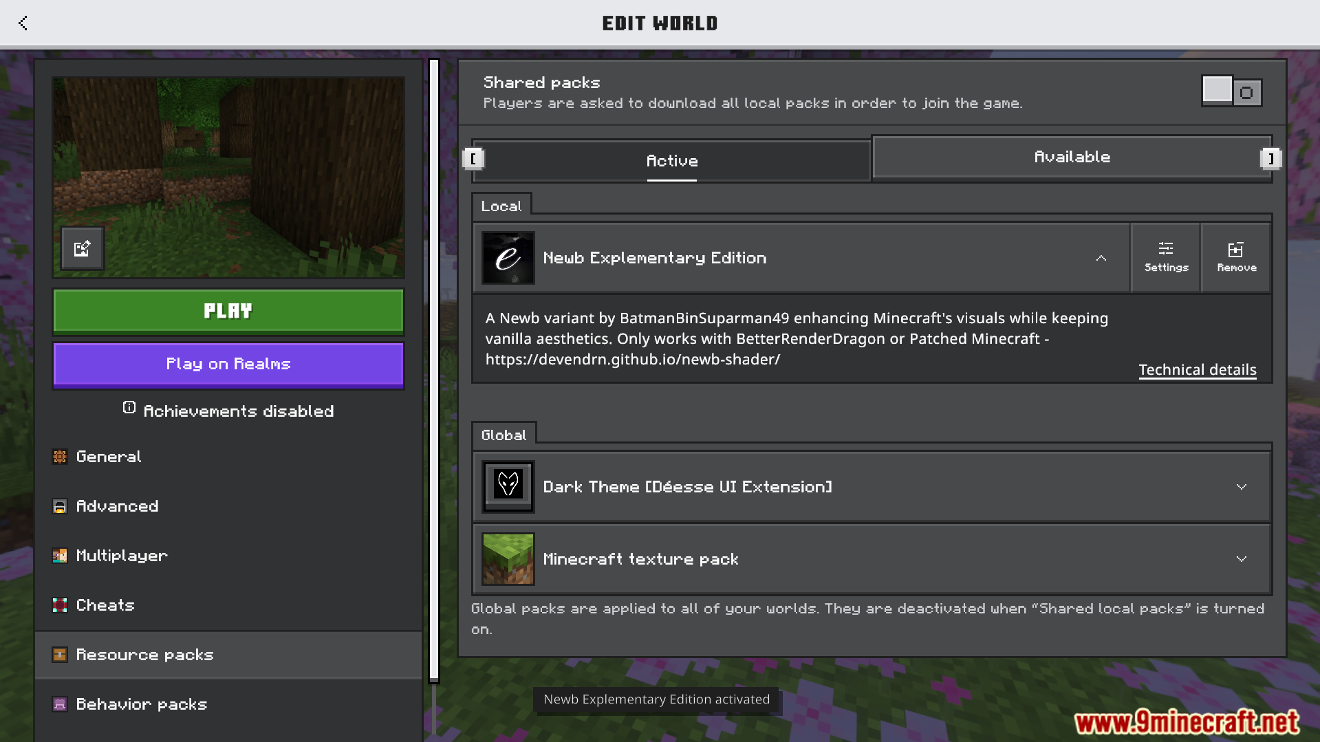 Minecraft Bedrock edit world screen showing Newb Explementary Edition shader pack activated