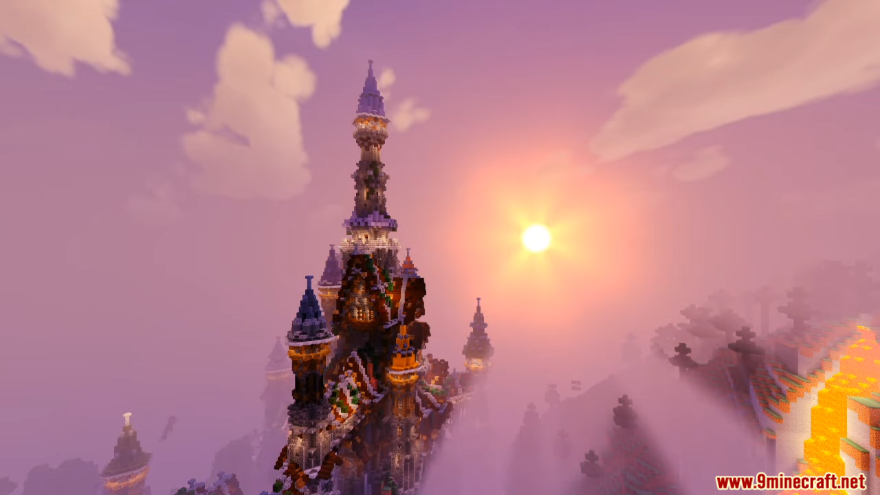 Beautiful fantasy castle with a round sun and bright and colorful skies