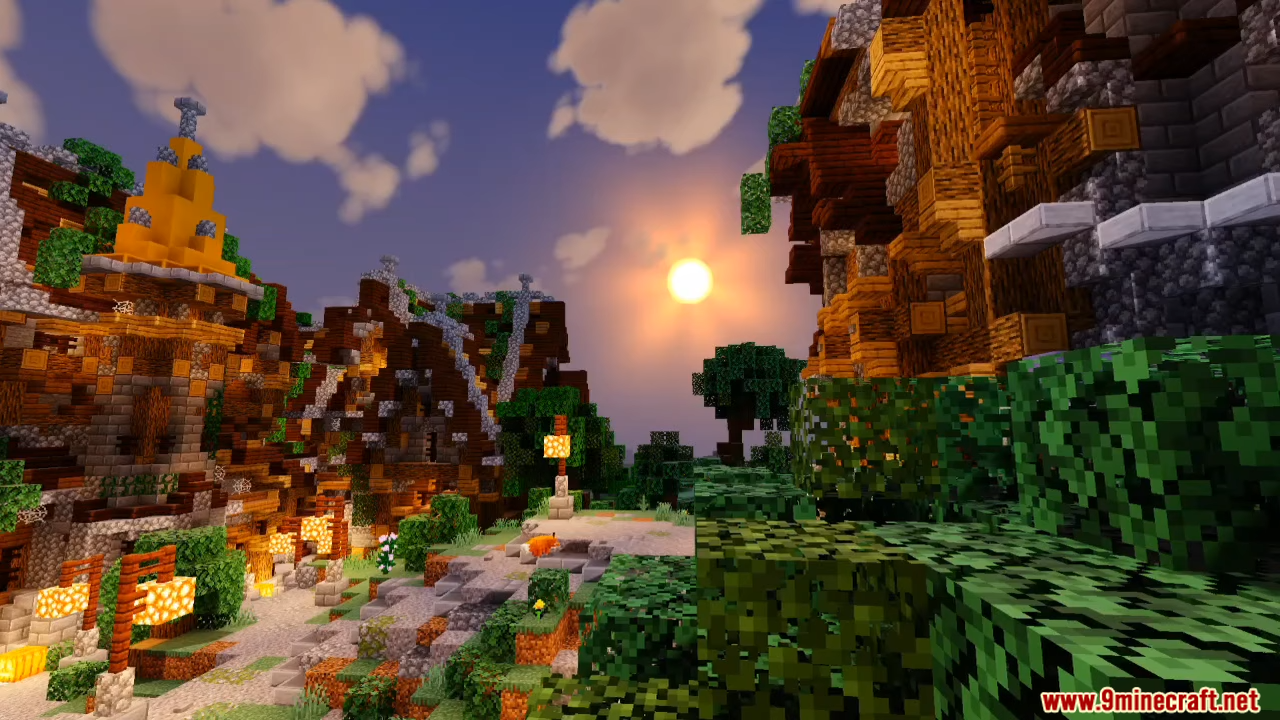 Newb Explementary Edition Shader features medieval buildings and waving foliage under the sun