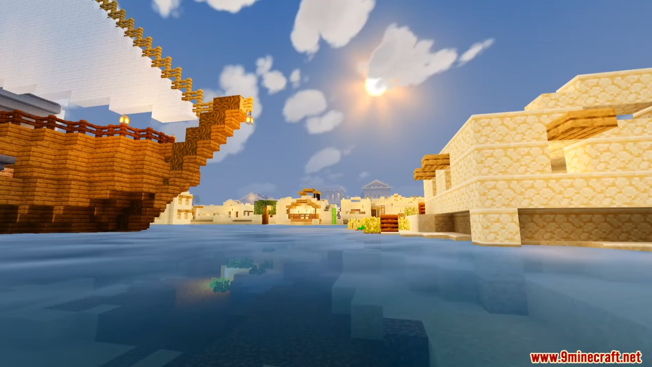 A wooden ship sails near sandstone buildings with realistic water and clear reflections