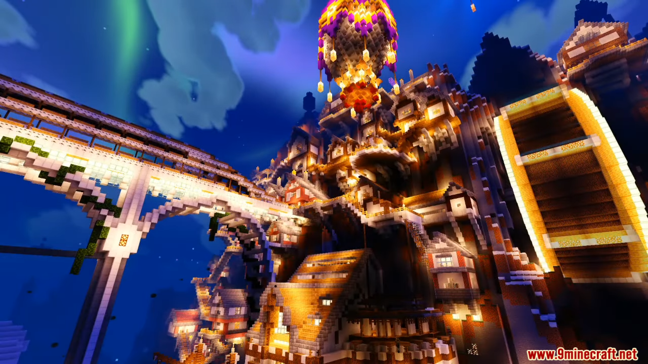 Newb Explementary Edition Shader shows a fantasy city with a colorful aurora