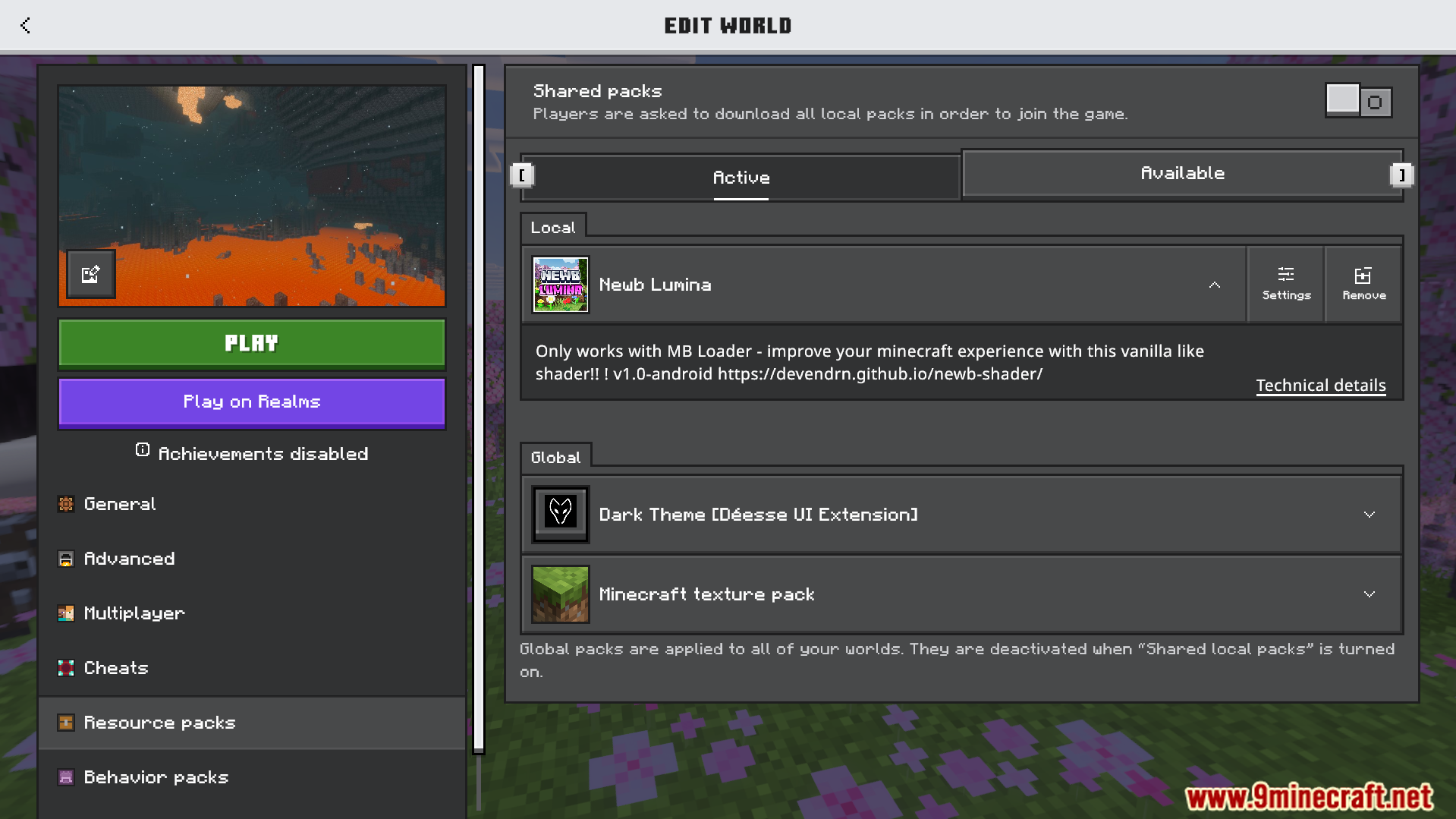 Minecraft edit world menu showing the active Newb Lumina resource pack