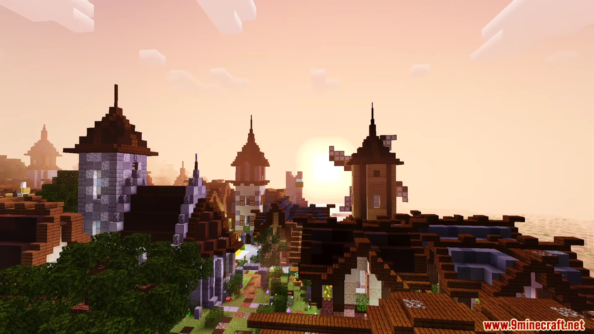 Scenic view of a Minecraft village at sunset with realistic lighting effects