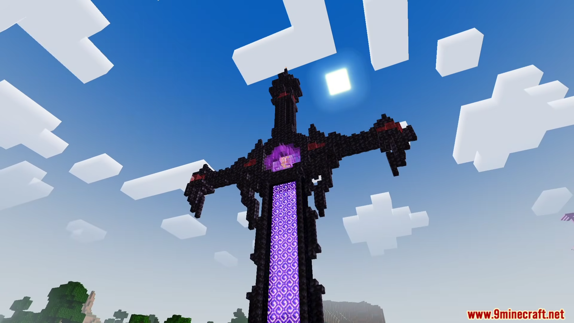 Giant obsidian sword structure with a glowing purple portal reaching towards the sky