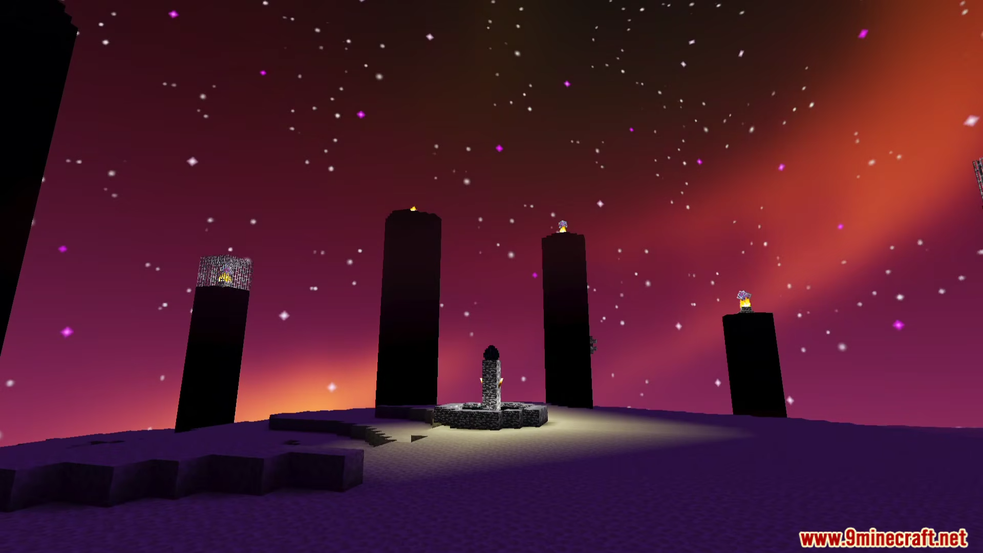 Newb Lumina Shader displays the End dimension with obsidian pillars and glowing skies