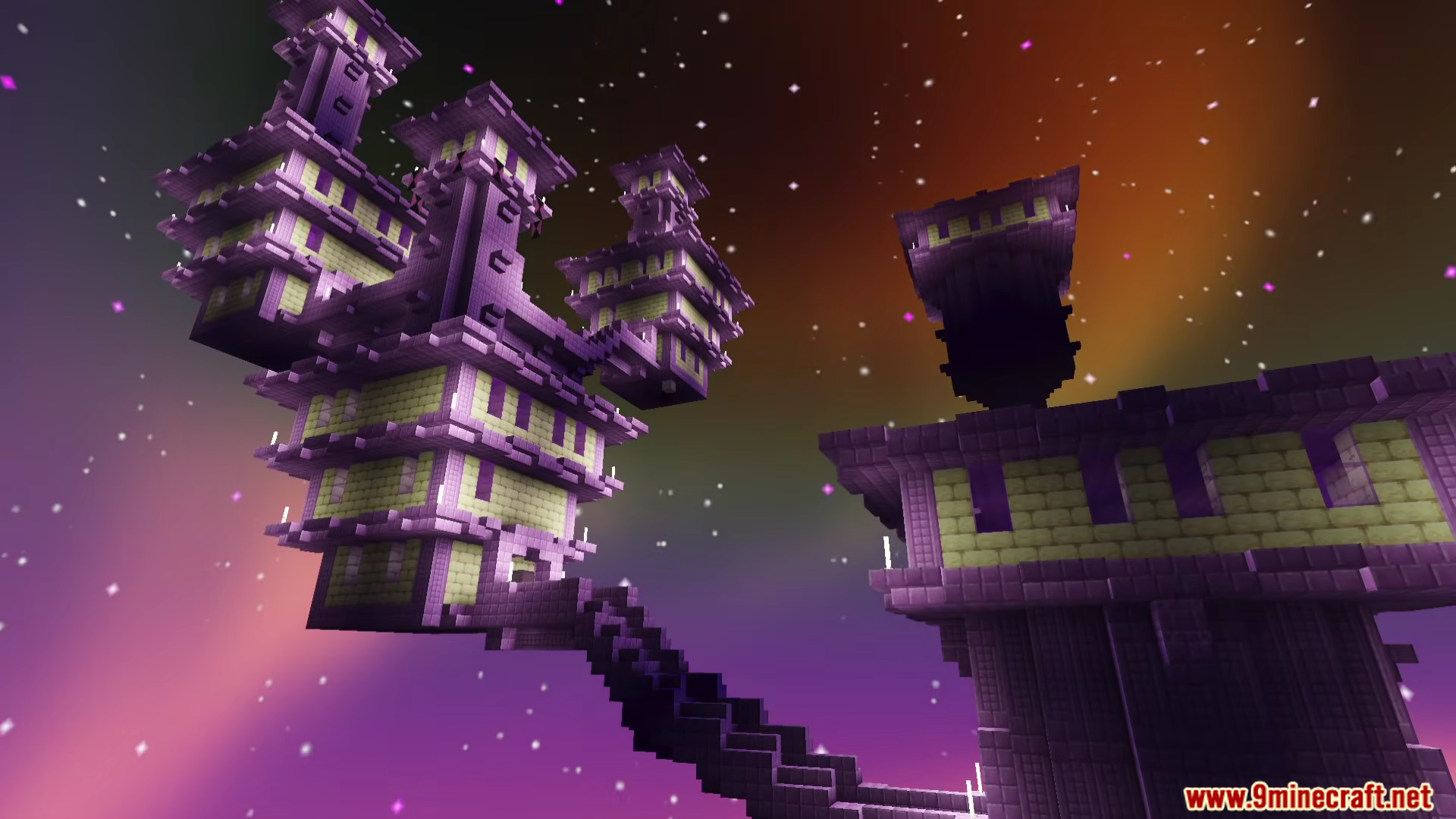 Purple End City towers float in the air under a beautiful glowing sky