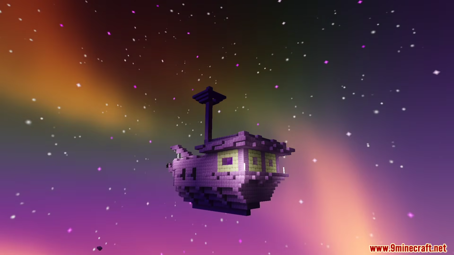 A purple End Ship floating in a vibrant starry sky with colorful clouds