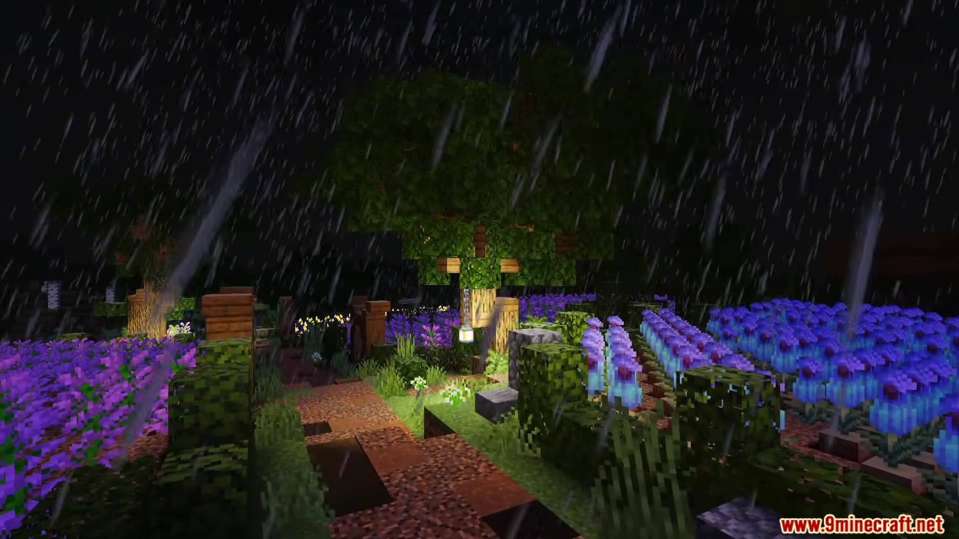A rainy garden at night with purple flowers and glowing lanterns under trees