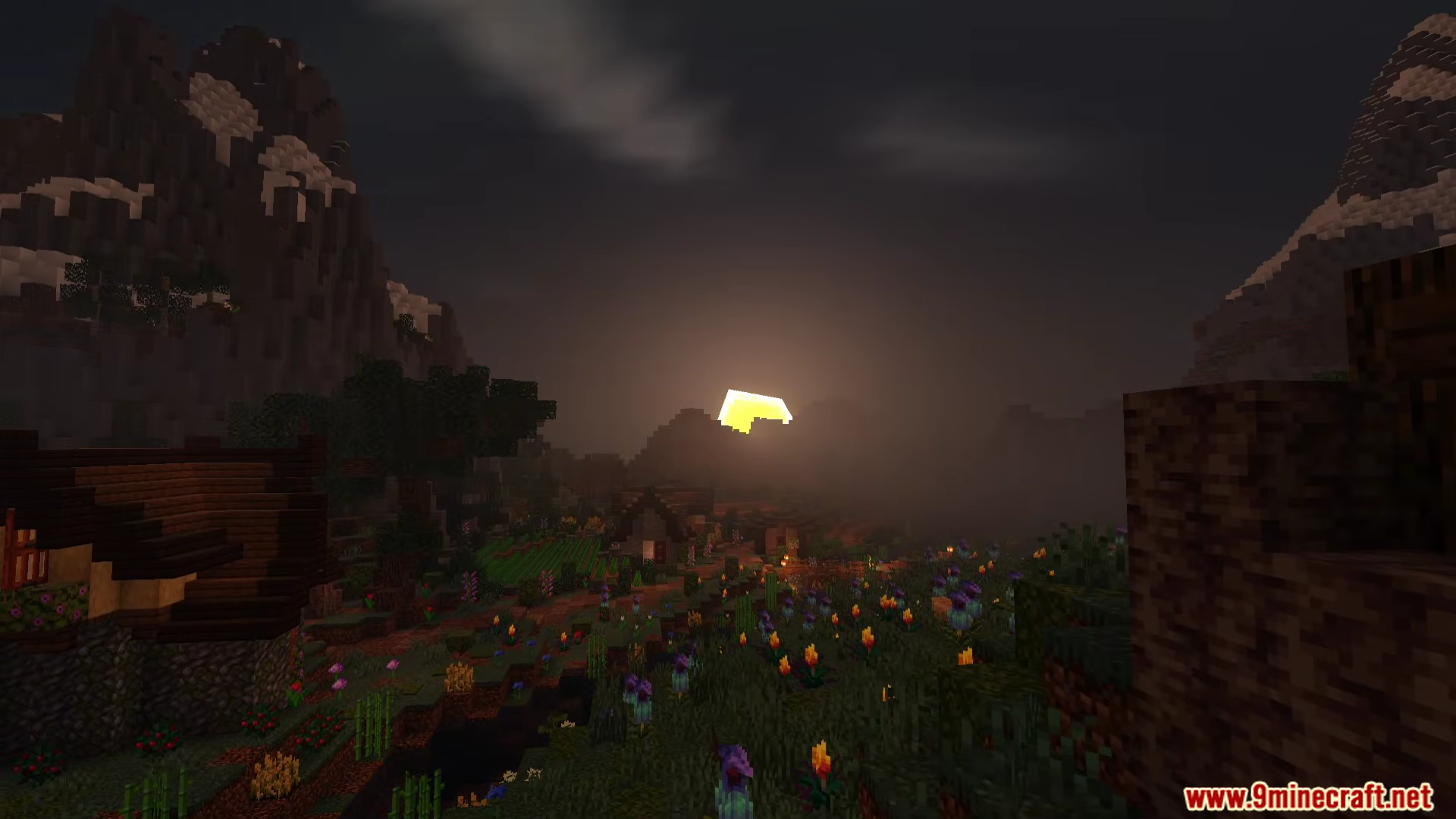 Newb Nightfall Shader showcasing a scenic village landscape with colorful flowers at dusk