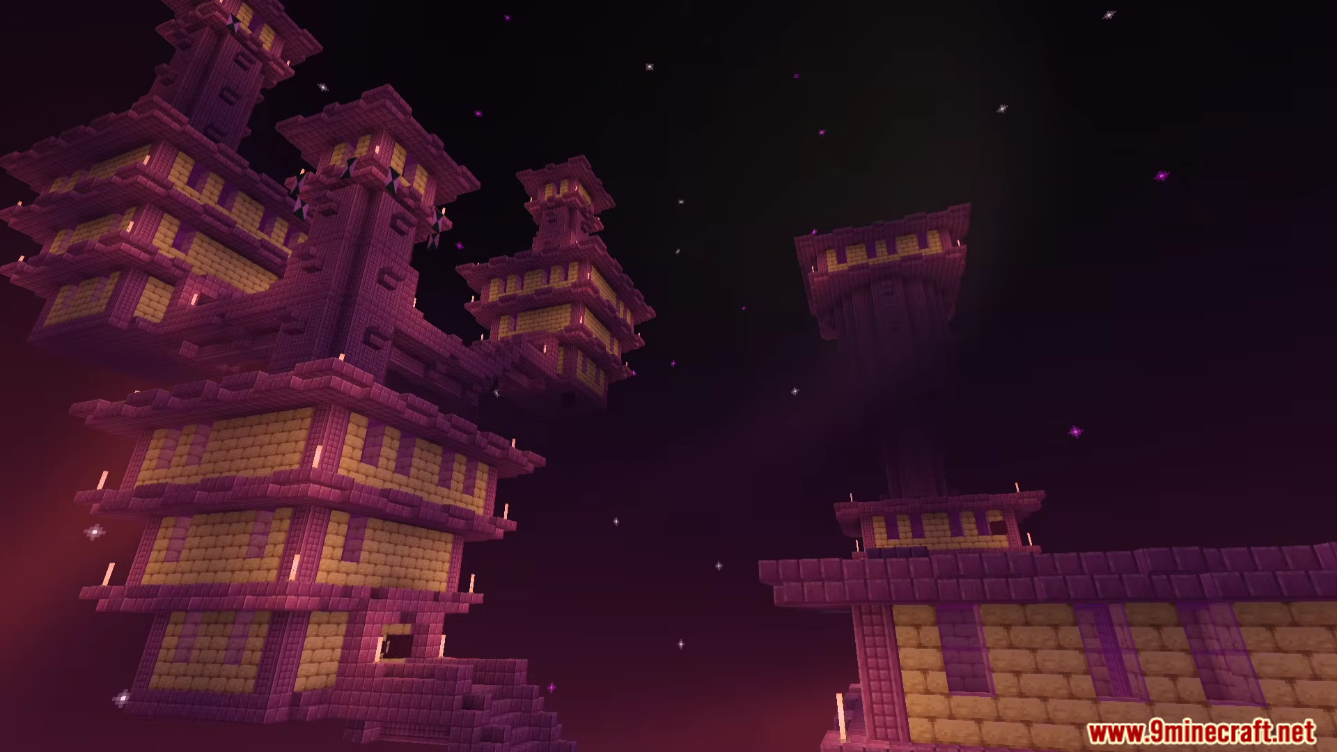 Large End City structure with purple and yellow blocks at night