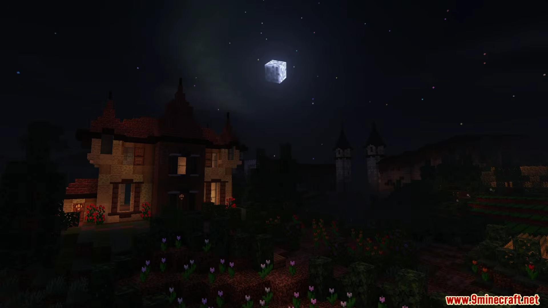A large Minecraft mansion under a bright square moon and starry night sky