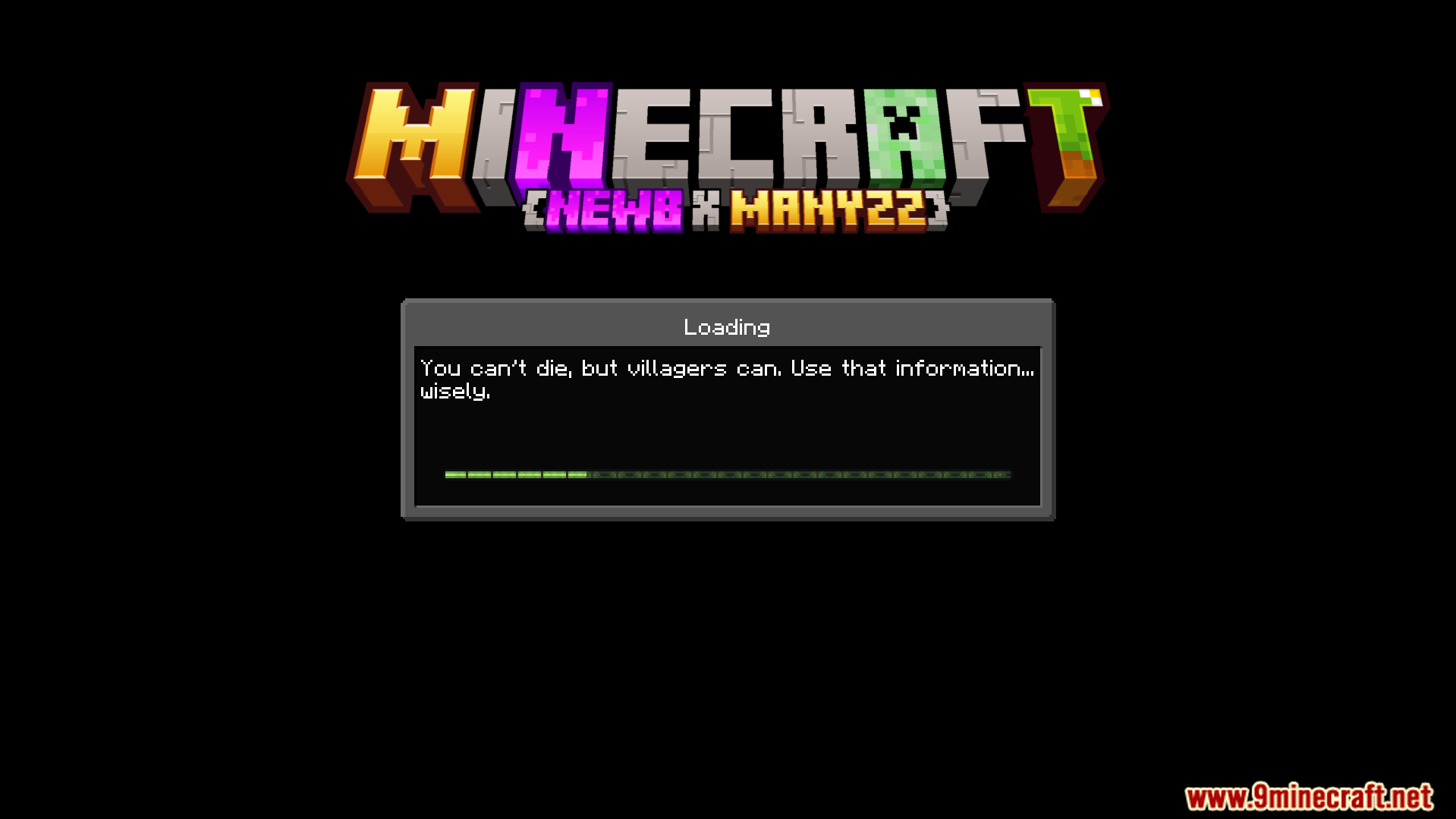 Minecraft loading screen with a tip about villagers and the shader pack logo