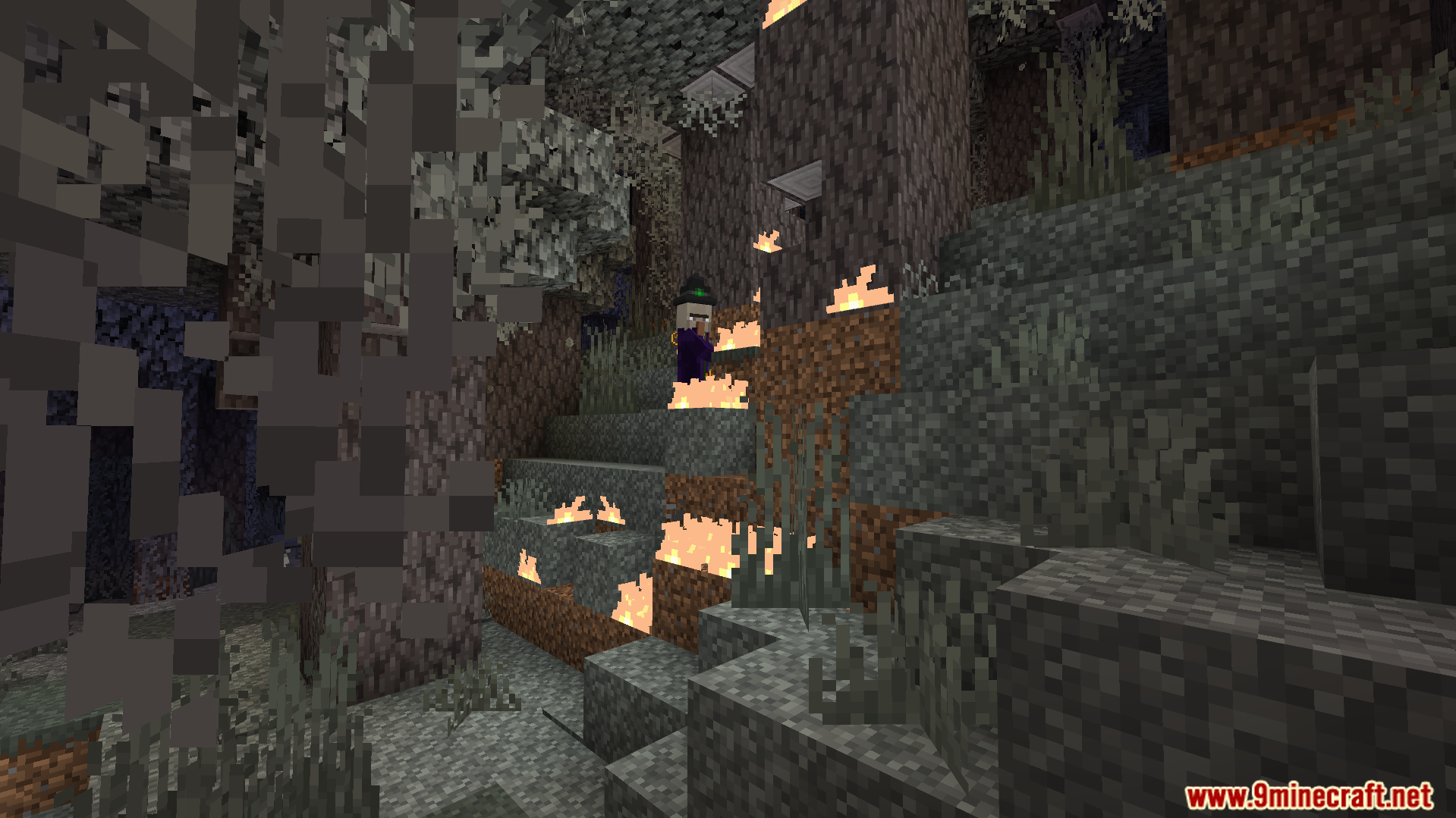 A witch in a dark forest with fire and cobwebs under balanced lighting