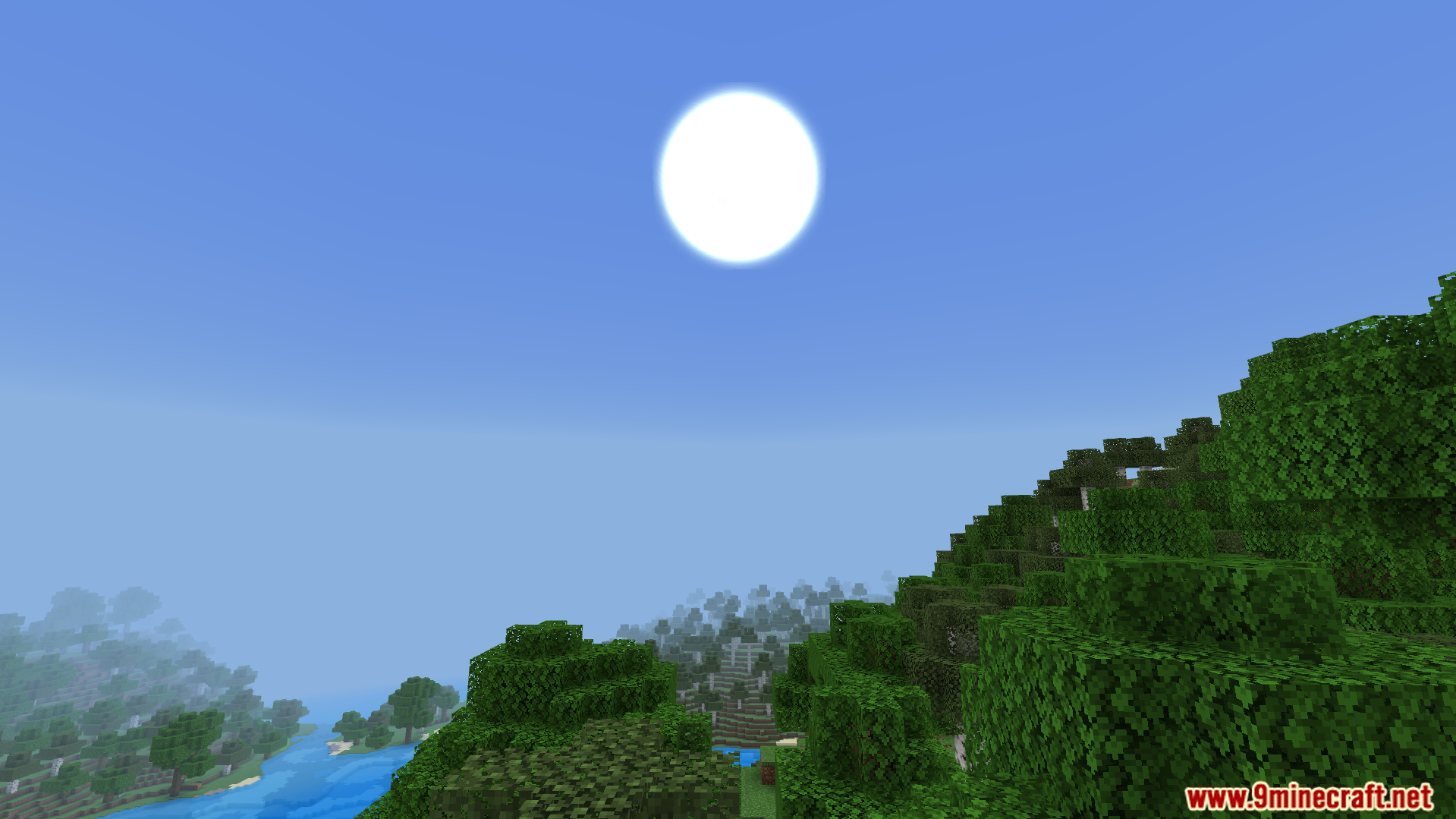 Newb X Manyzz Lite Shader features a bright sun over a river