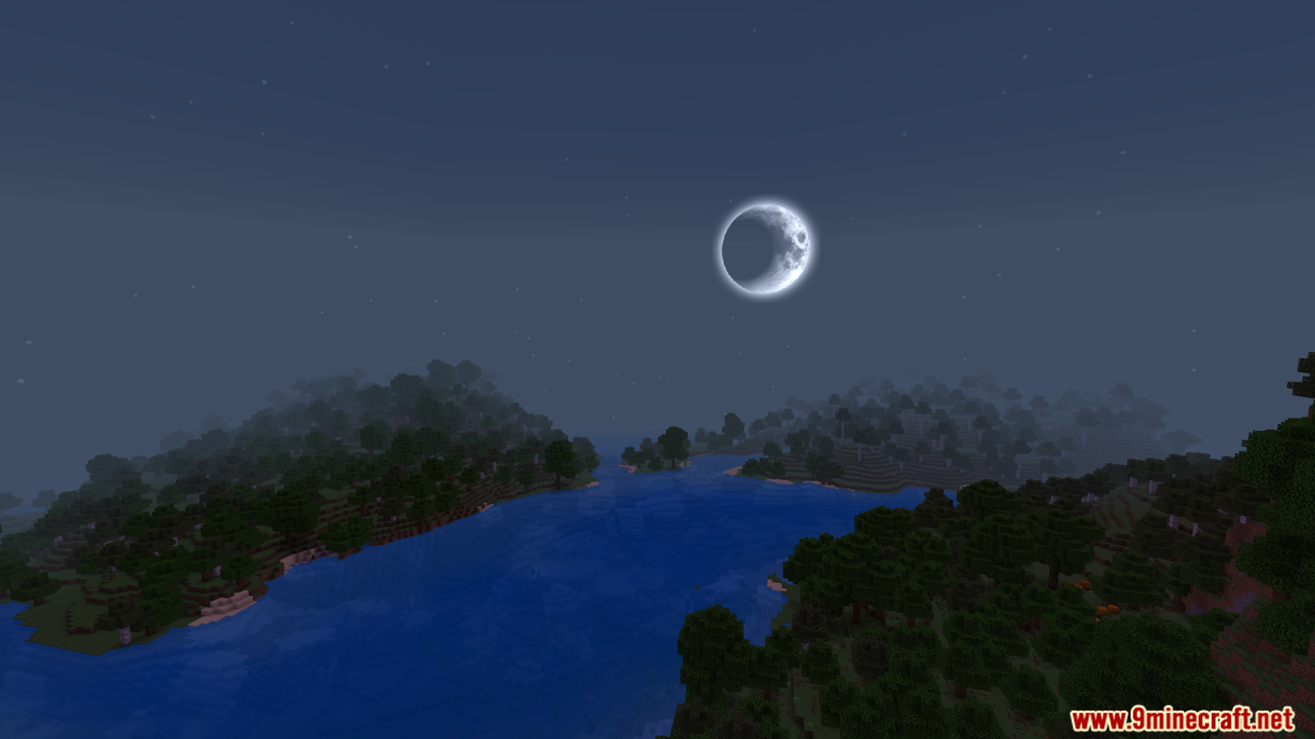 Realistic round moon in a dark starry night sky over a river