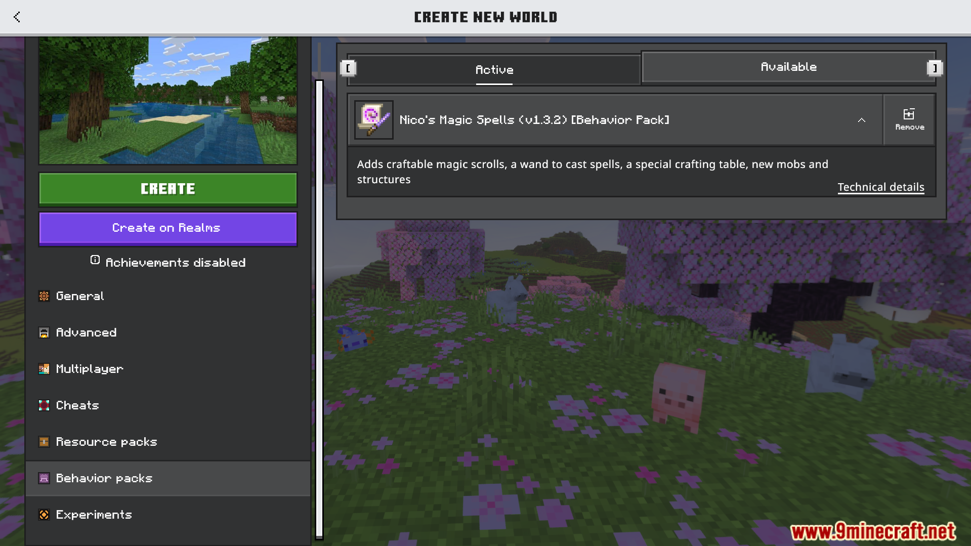 Nicos Magic Spells Addon Screenshot 1 Minecraft world creation menu with the Nicos Magic Spells behavior pack active