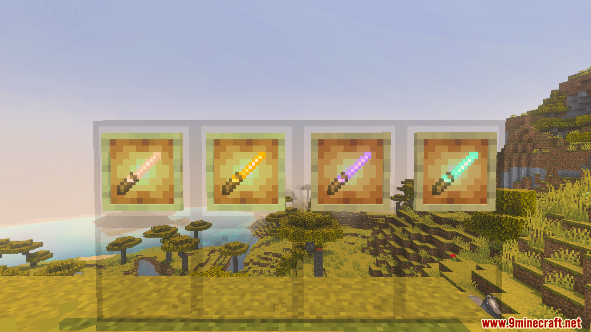 Nicos Magic Spells Addon Screenshot 10 Four colorful enchanted magic wands displayed in item frames on a hill