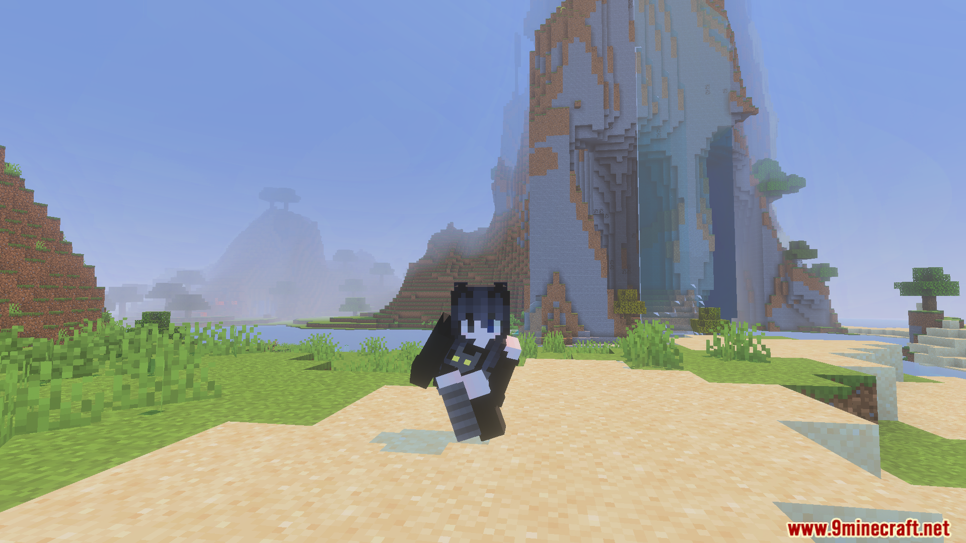 Not Enough Emotes Addon Screenshot 10 Minecraft character performing a custom dance animation near a large mountain