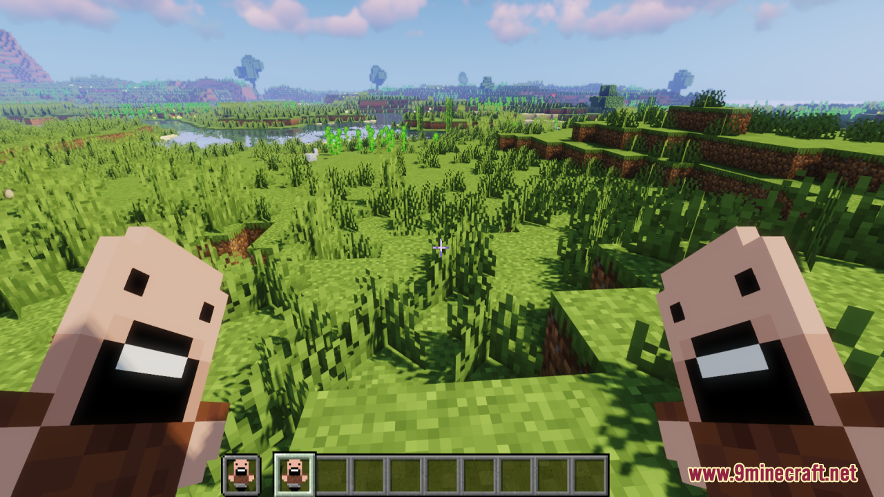 Notch Totem of Undying Resource Pack Screenshot 4 A player holds two custom character totems in a lush green landscape
