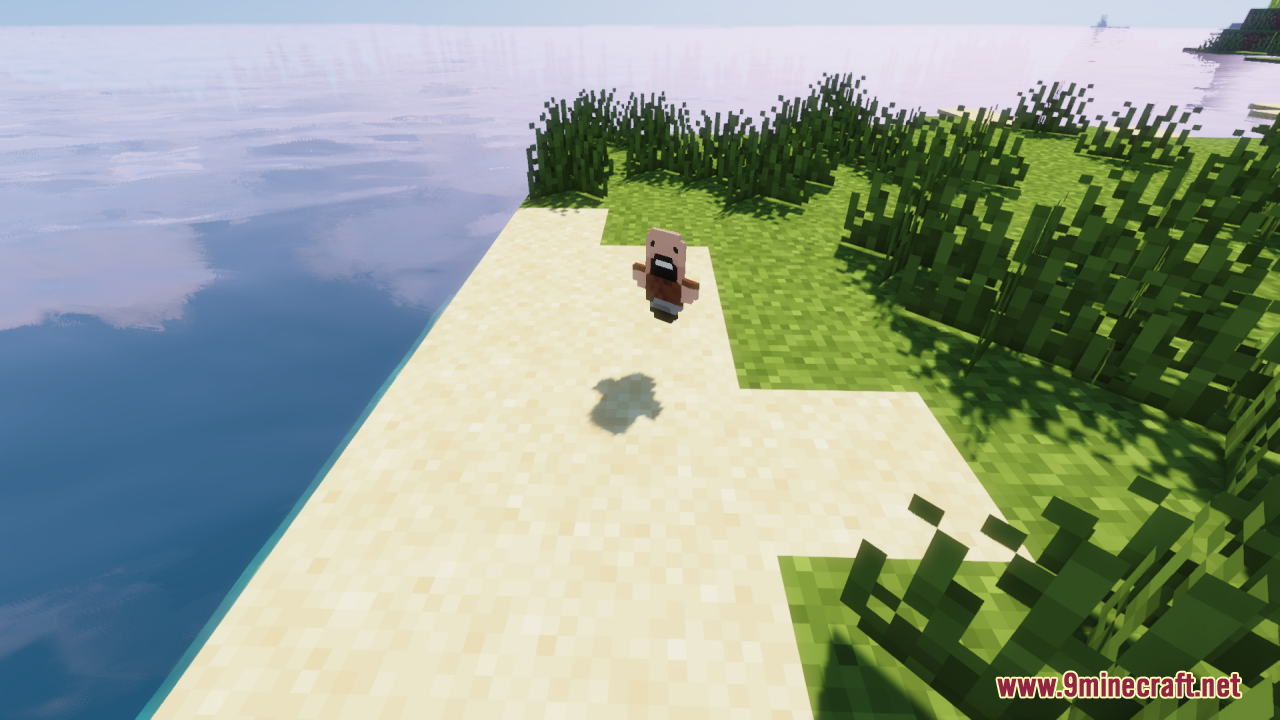 Notch Totem of Undying Resource Pack Screenshot 9 A small Notch totem item floats above a sandy beach in Minecraft